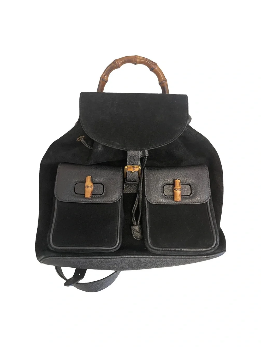 Gucci Black Suede Backpack with Bamboo Handle and Front Pockets